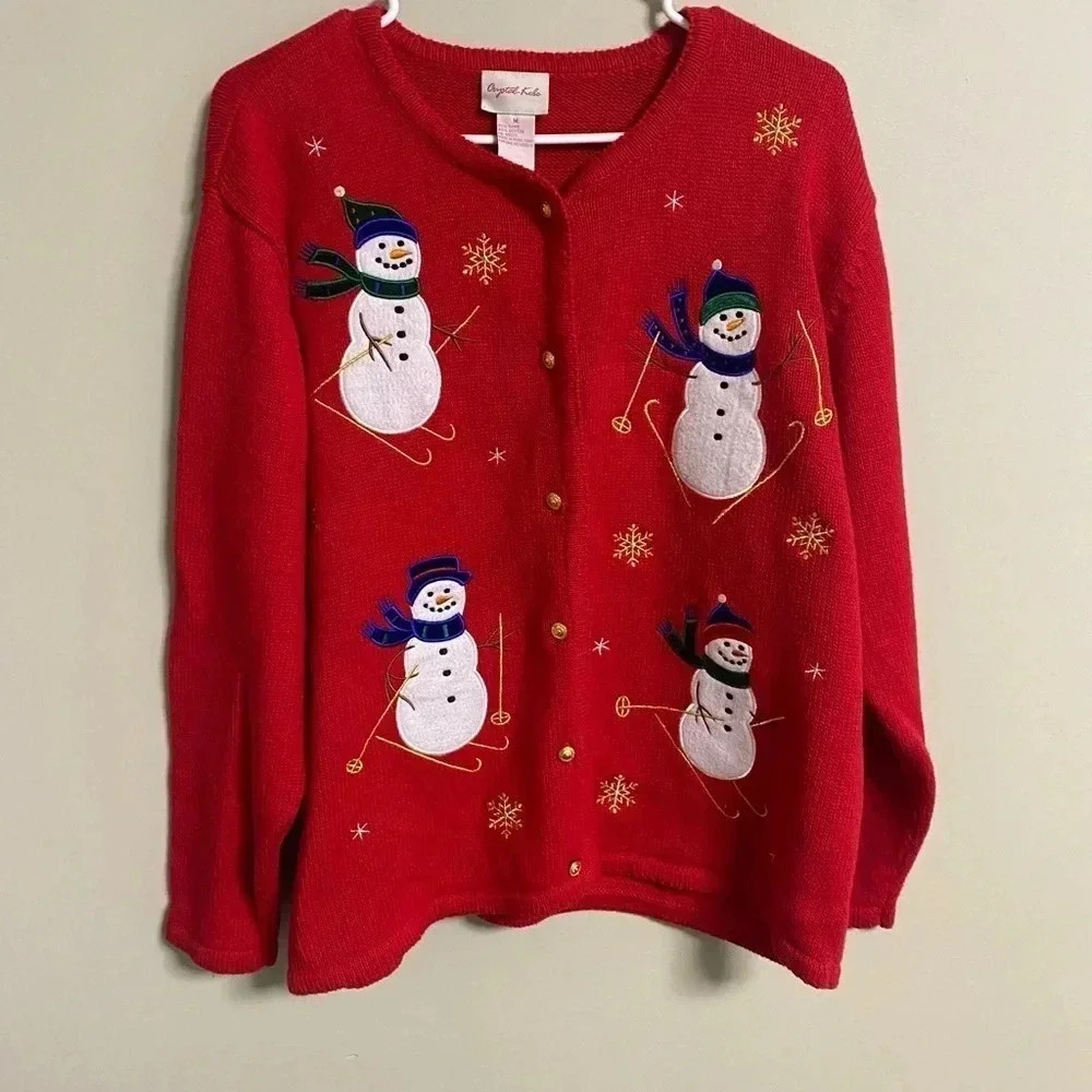 Crystal Kobe Christmas Sweater Snowman Skiing Button Cardigan Holiday Medium